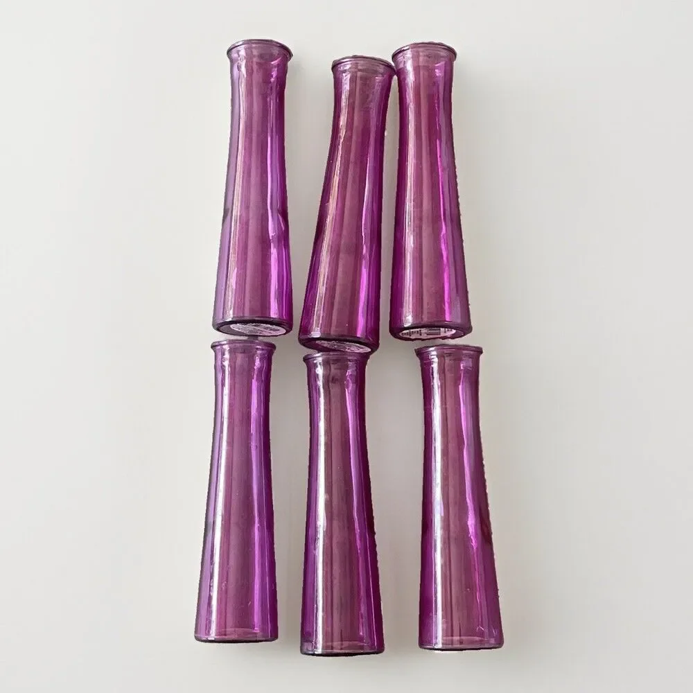Lot of 6 Pink Fuschia Glass Tapered Vase Floral Vase 9” X 2.5” Bud Vases